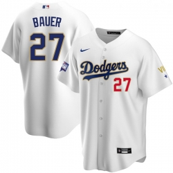 Women Los Angeles Dodgers Trevor Bauer 27 Championship Gold Trim White Limited All Stitched Flex Base Jersey