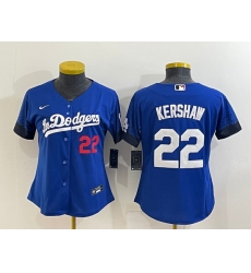 Women's Los Angeles Dodgers #22 Clayton Kershaw Blue 2021 City Connect Number Cool Base Stitched Jersey