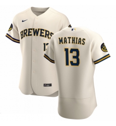 Men Milwaukee Brewers 13 Mark Mathias Men Nike Cream Home 2020 Flex Base Player MLB Jersey