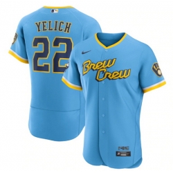 Men Milwaukee Brewers 22 Christian Yelich Powder Blue 2022 City Connect Flex Base Stitched MLB Jersey