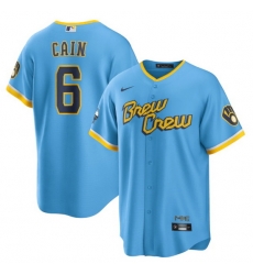 Men Milwaukee Brewers 6 Lorenzo Cain 2022 Powder Blue City Connect Cool Base Stitched Jersey