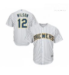 Mens Milwaukee Brewers 12 Alex Wilson Replica White Home Cool Base Baseball Jersey 