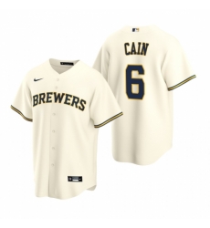 Mens Nike Milwaukee Brewers 6 Lorenzo Cain Cream Home Stitched Baseball Jersey