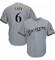 Youth Majestic Milwaukee Brewers 6 Lorenzo Cain Replica Grey Road Cool Base MLB Jersey 