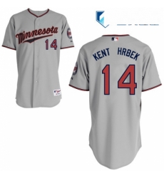 Mens Majestic Minnesota Twins 14 Kent Hrbek Replica Grey Road Cool Base MLB Jersey