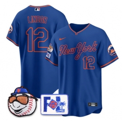 Men New York Mets 12 Francisco Lindor Blue Road 2025 Spring Training Stitched Baseball Jersey