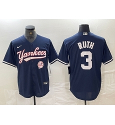 Men New York Yankees 3 Babe Ruth Navy With Patch Cool Base Stitched Baseball Jersey