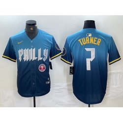 Men Philadelphia Phillies 7 Trea Turner Blue 2024 City Connect Limited Stitched Jersey 2