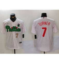 Men Philadelphia Phillies 7 Trea Turner White Green Cool Base Stitched Jersey 1