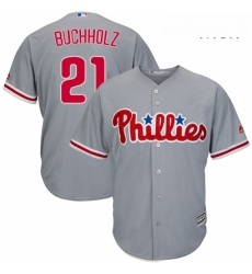 Mens Majestic Philadelphia Phillies 21 Clay Buchholz Replica Grey Road Cool Base MLB Jersey 