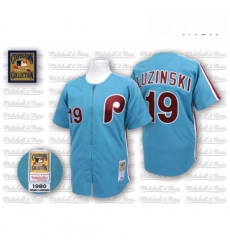 Mens Mitchell and Ness Philadelphia Phillies 19 Greg Luzinski Authentic Blue Throwback MLB Jersey