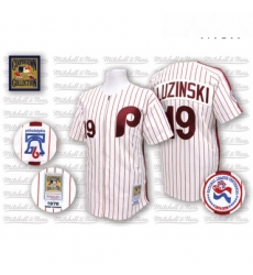 Mens Mitchell and Ness Philadelphia Phillies 19 Greg Luzinski Authentic WhiteRed Strip Throwback MLB Jersey