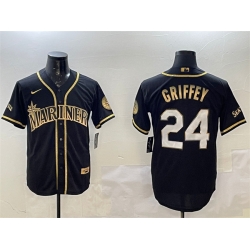 Men Seattle Mariners 24 Ken Griffey Jr  Black Gold Cool Base Stitched Baseball Jersey