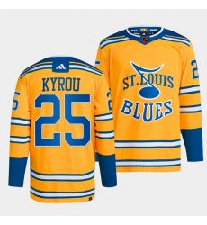 Men St  Louis Blues 25 Jordan Kyrou Yellow 2022 23 Reverse Retro Stitched Jersey