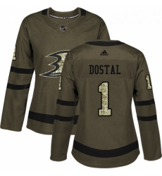 Womens Adidas Anaheim Ducks 1 Lukas Dostal Authentic Green Salute to Service NHL Jersey 