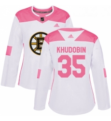 Womens Adidas Boston Bruins 35 Anton Khudobin Authentic WhitePink Fashion NHL Jersey 