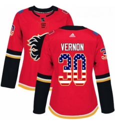 Womens Adidas Calgary Flames 30 Mike Vernon Authentic Red USA Flag Fashion NHL Jersey 