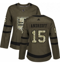 Womens Adidas Los Angeles Kings 15 Andy Andreoff Authentic Green Salute to Service NHL Jersey 