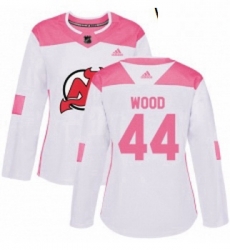 Womens Adidas New Jersey Devils 44 Miles Wood Authentic WhitePink Fashion NHL Jersey 