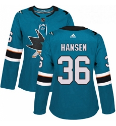 Womens Adidas San Jose Sharks 36 Jannik Hansen Premier Teal Green Home NHL Jersey 