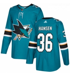 Youth Adidas San Jose Sharks 36 Jannik Hansen Authentic Teal Green Home NHL Jersey 