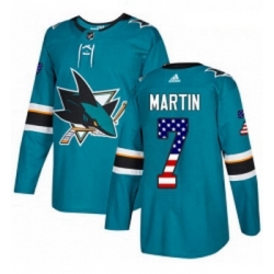 Youth Adidas San Jose Sharks 7 Paul Martin Authentic Teal Green USA Flag Fashion NHL Jersey 