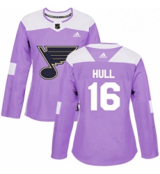 Womens Adidas St Louis Blues 16 Brett Hull Authentic Purple Fights Cancer Practice NHL Jersey 