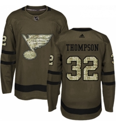 Youth Adidas St Louis Blues 32 Tage Thompson Premier Green Salute to Service NHL Jersey 