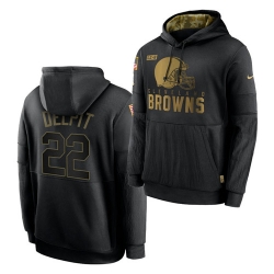 Men Cleveland Browns 22 Grant Delpit 2020 Salute To Service Black Sideline Performance Pullover Hoodie