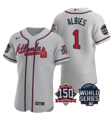 Men Atlanta Braves 1 Ozzie Albies 2021 Grey World Series With 150th Anniversary Patch Stitched Baseball Jersey