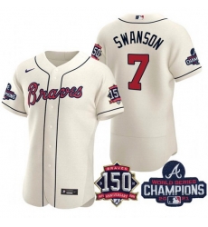 Men's Cream Atlanta Braves #7 Dansby Swanson 2021 World Series Champions With 150th Anniversary Flex Base Stitched Jersey