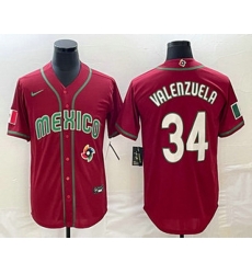 Men's Mexico Baseball #34 Fernando Valenzuela 2023 Red Blue World Baseball Classic Stitched Jersey