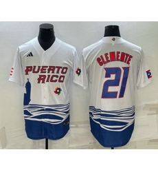 Men's Puerto Rico Baseball #21 Roberto Clemente 2023 White World Baseball Classic Stitched Jersey