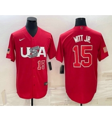 Men USA Baseball #15 Bobby Witt Jr Number 2023 Red World Baseball Classic Stitched Jersey1