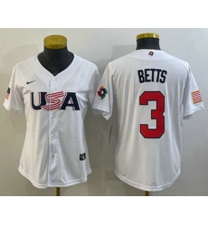 Women's USA Baseball #3 Mookie Betts 2023 White World Classic Replica Stitched Jersey