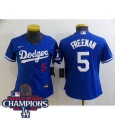 Women Nike Los Angeles Dodgers Freddie Freeman #5 Blue Flex Base 2024 World Series Champions Stitched MLB Jersey