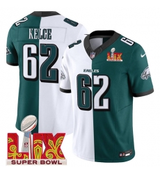 Men Philadelphia Eagles 62 Jason Kelce White Green Split 2025 Super Bowl LIX Patch F U S E  Vapor Untouchable Limited Stitched Football Jersey