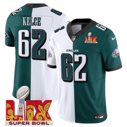 Men Philadelphia Eagles 62 Jason Kelce White Green Split 2025 Super Bowl LIX Patch F U S E  Vapor Untouchable Limited Stitched Football Jersey